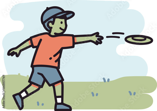 Cartoon boy in an orange shirt and blue baseball cap throwing a dark frisbee with a dynamic side-profile pose.