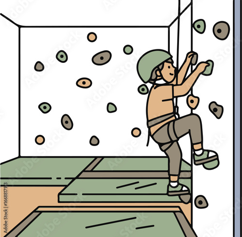 Young climber in a helmet and harness scales an indoor rock climbing wall. Simple cartoon illustration style.
