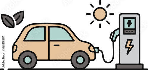 Beige electric car at a charging station with sun and leaf eco-friendly symbols.