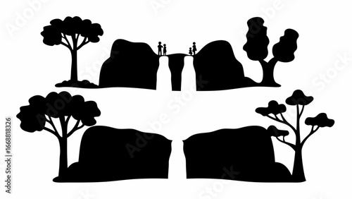 Silhouette landscape showing trees, cliffs, waterfalls, and people standing on the cliff edges above the water | editable eps vectors
