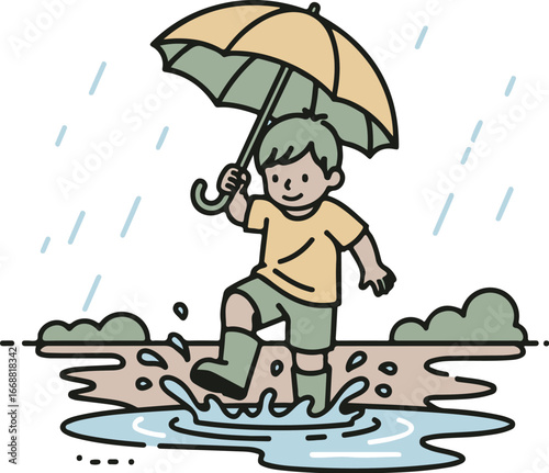 A happy cartoon boy in green rain boots joyfully splashing in a puddle while holding a yellow umbrella during a downpour.