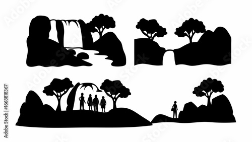 Black and white landscape silhouettes featuring waterfalls trees people and hills in various arrangements | editable eps vectors