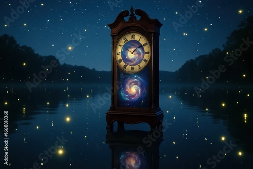 Under the starry night sky, an enchanting antique clock stands as a beacon of timeless elegance, its face glowing with a cosmic light that reflects off the tranquil water below