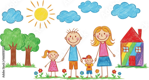 Family children's drawing with colored pencils. hand drawn. Vector illustration

