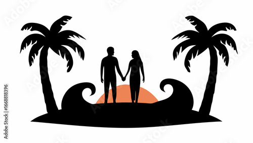 Silhouette of a couple holding hands on a beach with palm trees and waves at sunset creating a romantic scene | editable eps vectors