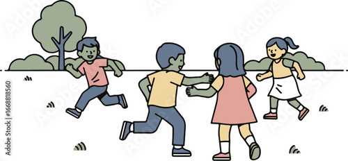 Simple line art illustration of four happy children running and playing a game of tag.
