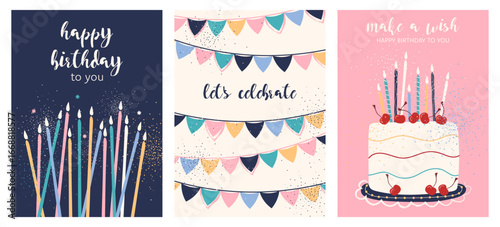 Happy Birthday. Birthday greeting cards. Celebration invitations. Online birthday wishes. Printable cards. Birthday cake with cherries, candles, and festive flags. Greetings