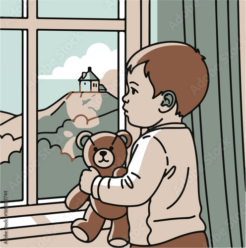 Illustrated young boy with brown hair in a pensive side-profile pose, clutching a brown teddy bear companion.