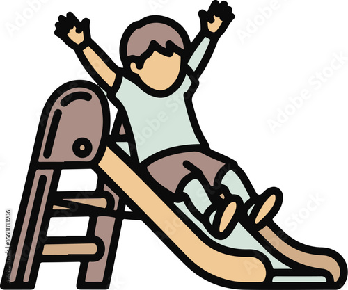 Joyful cartoon child with arms raised in excitement, sliding down a playground slide.