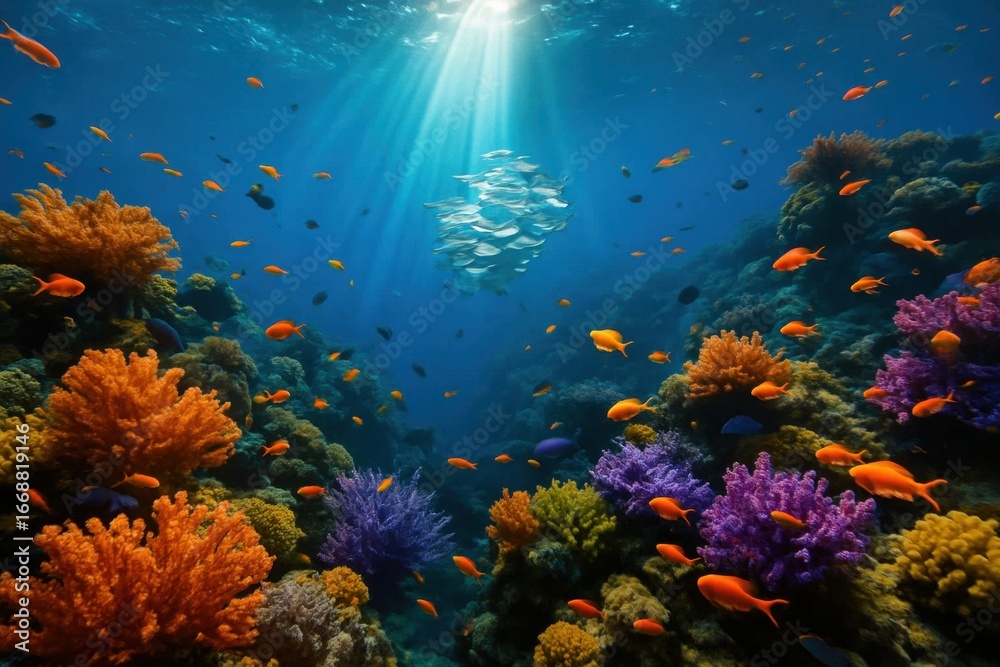 Obraz premium A vibrant underwater tapestry unfolds as sunlight dances through a coral reef teeming with colorful fish, creating an enchanting scene of marine biodiversity