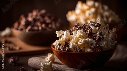 Fototapeta Naklejka Na Ścianę i Meble -  Cream and chocolate-toned popcorn setup with cozy indoor lighting