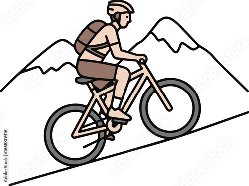 Line art illustration of a cyclist with a helmet and backpack riding a mountain bike uphill.