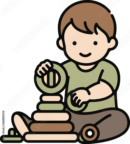Happy cartoon toddler boy sitting and playing with a wooden stacking ring pyramid toy.