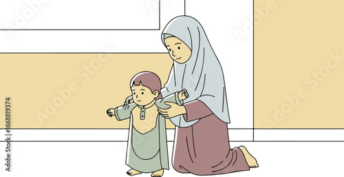A Muslim mother in a light blue hijab lovingly teaches her young son the Adhan, the Islamic call to prayer.