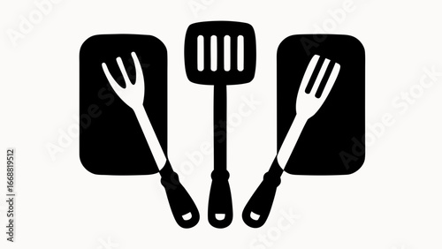 Illustration of kitchen utensils including two forks and a spatula on black squares design