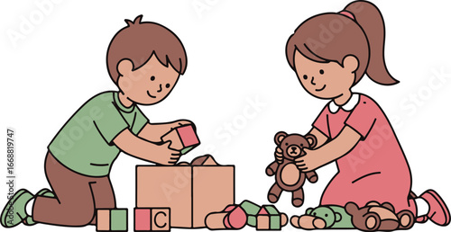 Charming cartoon illustration of a young boy and girl kneeling on the floor, happily playing together with blocks and a teddy bear.