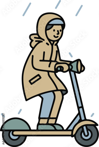 A cartoon person in a beige hooded raincoat smiles while riding a modern electric scooter through the rain, depicted in a simple line art illustration style.
