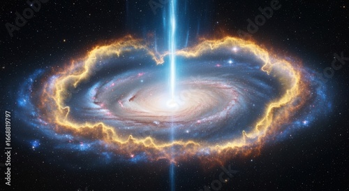 Dazzling Galactic Core with Energetic Beam and Gaseous Halo