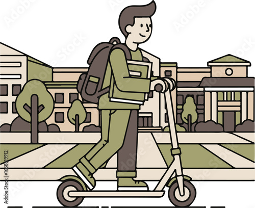 Young male student with a backpack and book riding a kick scooter, illustrated in a flat line art style.
