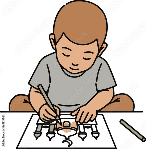 Young boy with brown hair in a grey shirt intently drawing a picture of a mosque.