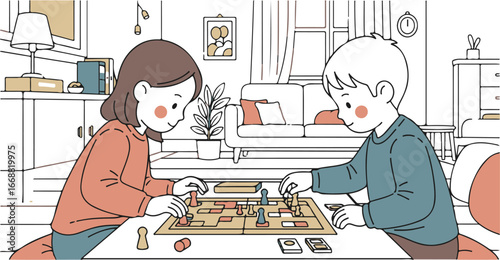 Cute cartoon boy and girl with rosy cheeks intently playing a strategic chess board game.