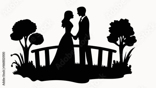 Silhouette of a bride and groom holding hands on a bridge surrounded by trees and grass in black