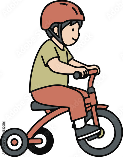 A simple cartoon illustration of a child in a red helmet riding a small red tricycle.