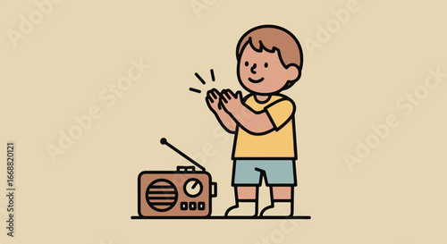 A happy cartoon boy in a yellow shirt and blue shorts clapping his hands while listening to a vintage brown portable radio.