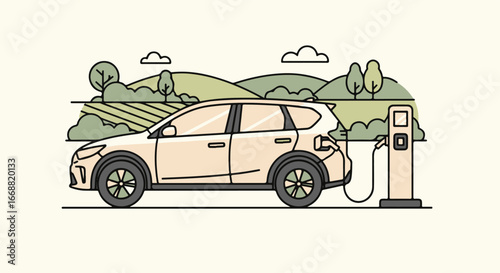 A minimalist line art illustration of a modern electric SUV plugged into a charging station.