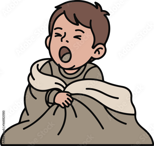 Cartoon illustration of a sleepy young boy yawning widely while wrapped in a cozy gray blanket.