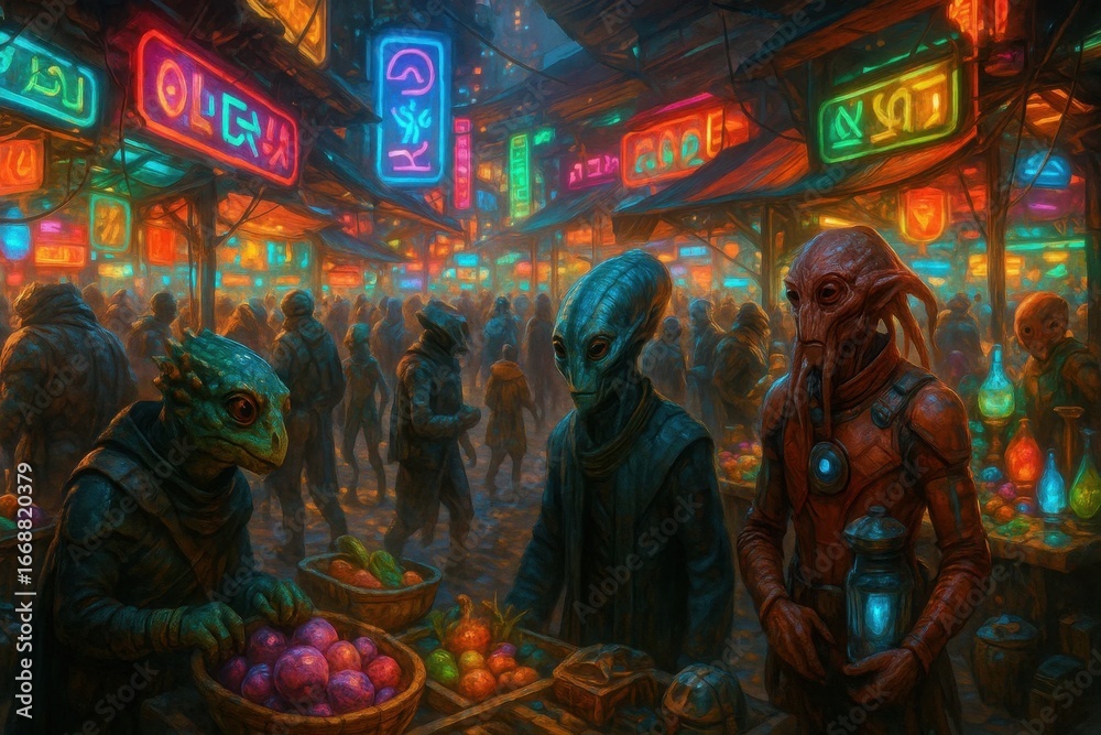 Fototapeta premium In the vibrant underbelly of a neon-lit city, alien creatures engage in commerce at an intergalactic marketplace