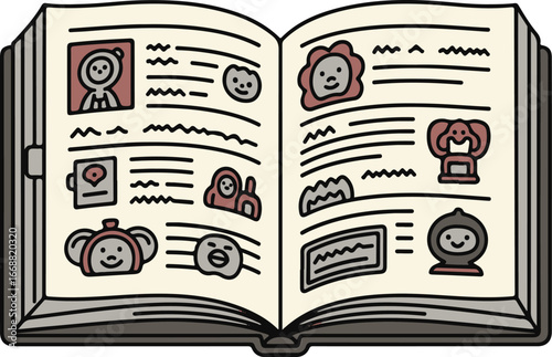 Hand-drawn open scrapbook illustration filled with cute cartoon character profiles, icons, and text.