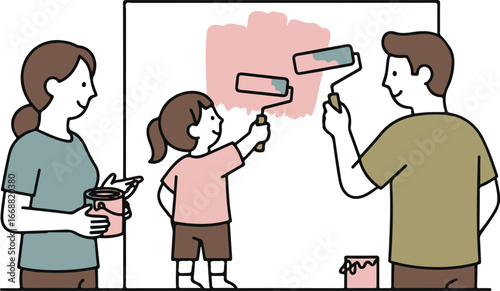 A charming hand-drawn illustration of a happy family, father, mother, and daughter, painting a wall pink together during a home renovation project.