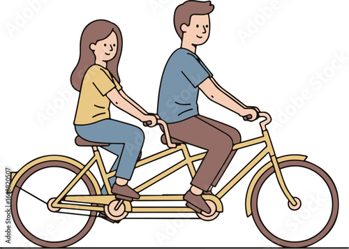 A charming cartoon illustration of a happy young couple in casual attire riding a yellow tandem bicycle together.