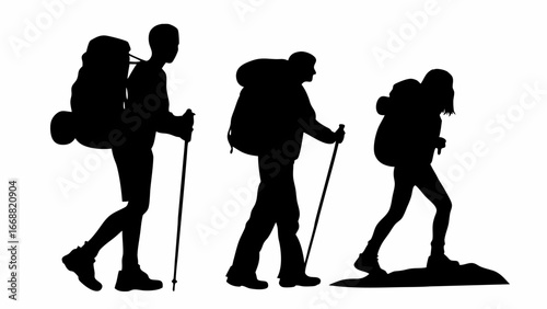 Silhouette of three hikers with backpacks and trekking poles walking on a white background in outdoor adventure scene | editable eps vectors