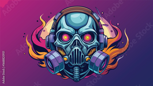 A human skull wearing a gas mask, symbolizing themes of danger and protection in a post-apocalyptic context..eps