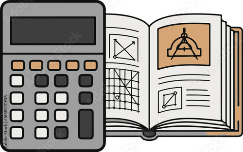 A cartoon illustration of a gray calculator placed next to an open mathematics textbook showing geometric diagrams and graphs.