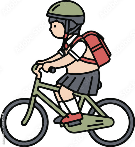 Young schoolgirl in a uniform and helmet riding a green bicycle with a red backpack.