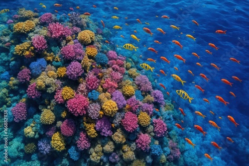Fototapeta Naklejka Na Ścianę i Meble -  A vibrant underwater coral reef teems with life as a school of colorful fish dart through the clear blue waters