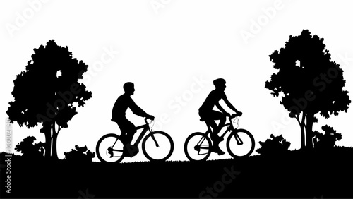 Silhouette of two cyclists riding bicycles through a park with trees and bushes on a white background | editable eps vectors