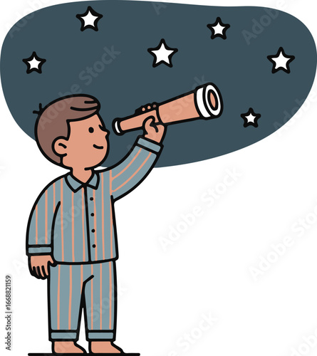 A curious young boy in striped pajamas stargazing with a handheld telescope, observing the night sky.