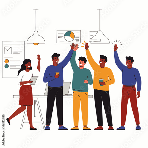 A diverse team of professionals celebrates a successful project with enthusiastic high fives and joyful expressions in a modern office setting.
