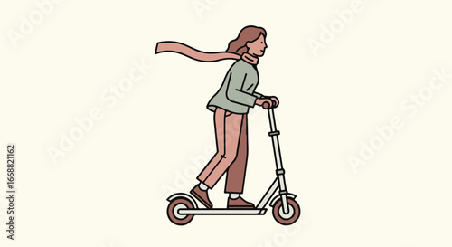 A woman with a long pink scarf flowing in the wind rides a modern electric kick scooter in a hand-drawn style.