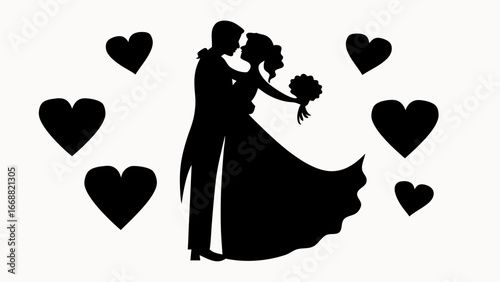 Silhouette of a bride and groom embracing surrounded by black hearts in a wedding themed image