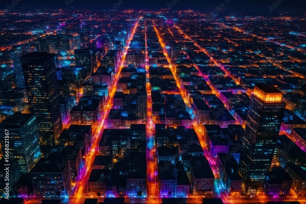 Fototapeta premium A cityscape at night, where neon lights illuminate a sea of buildings, creating a vibrant tapestry of urban life