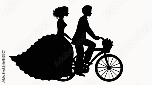 Silhouette of a bride and groom riding a bicycle together in a wedding themed illustration art design