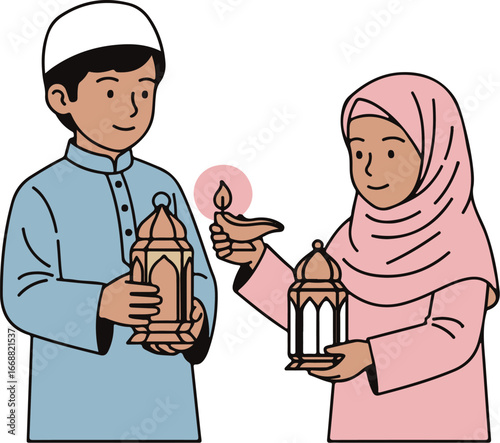 Young Muslim boy and girl in traditional clothing celebrating with Ramadan Fanoos lanterns.