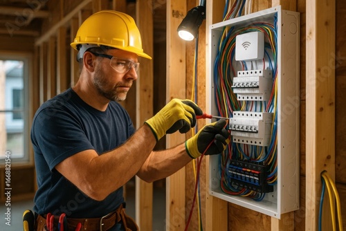 A skilled electrician meticulously works on a complex electrical panel in a newly constructed home, ensuring safety and functionality