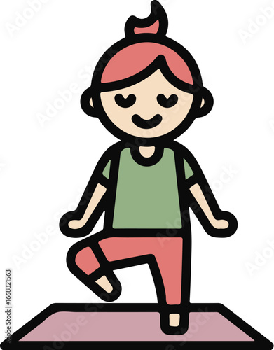 Cartoon girl with pink hair and a top knot practicing a yoga tree pose on a mat.