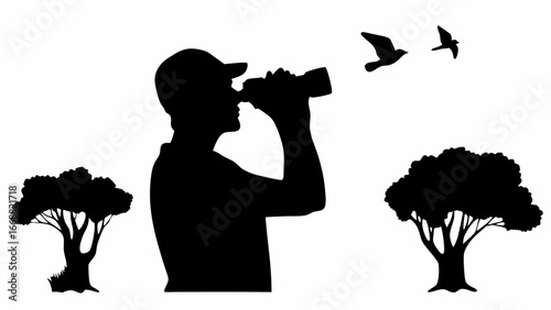 Silhouette of a man with binoculars observing birds flying in the sky between two trees in nature | editable eps vectors